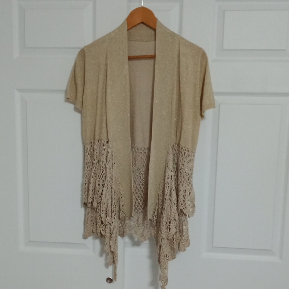 #113.Beige Short Sleeve Cardigan with hand Crochet Lace Detail And Lurics Gold.
